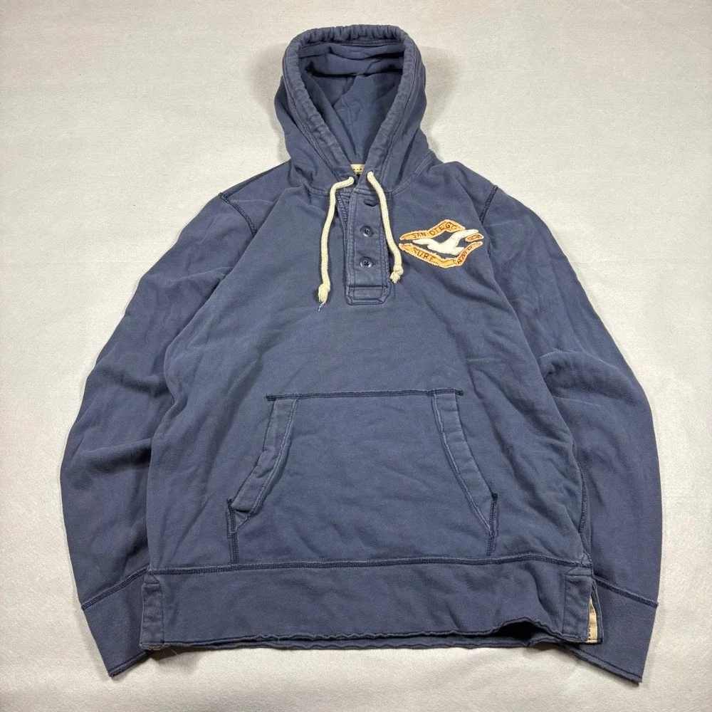 Hollister Mens XL Navy Blue Henley Hoodie San Diego Surf Camp Seagull Logo